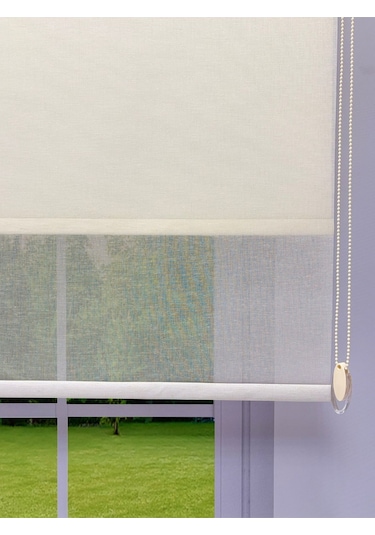 Çift Mekanizmalı Ekru Keten Tül Ve Ekru Mat Stor Perde Ekru