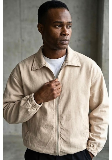 Freemen Erkek Basic Gabardin Kumaş Fermuarlı Oversize Mevsimlik Polo Yaka Ceket Bej