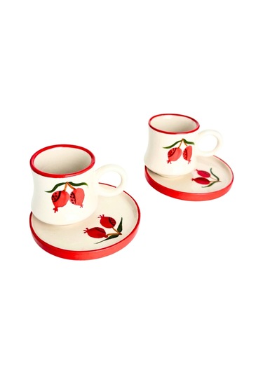 2 Li Takım Nar Desenli El Yapımı Kazan Seramik Kahve Fincanı, Kahve Fincanı Beyaz