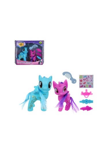 2'li Pony Oyuncak Seti - Unicorn & Pegasus Figürleri, Tarak, Toka Ve Çıkartma Aksesuarlı