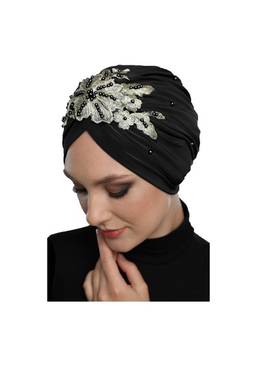 Kopma Astarlı İşlemeli Siyah Sarı Dantel Motifli Hazır Türban Tesettür Abiye Bone Siyah - Sarı