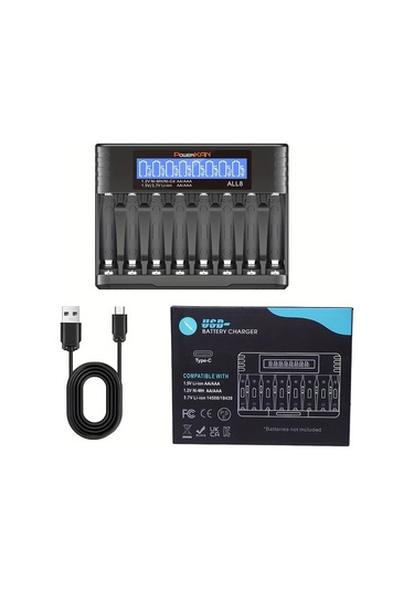 Xuweiwei Powerkan 8 Yuvalı Aa Aaa Pil Şarj Cihazı Tümü8 1.2v Ni-mh Ni-cd 350mahx8 1.5v Li-ion 200mahx8 Usb-c Kablo Dahil