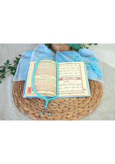 5 Adet Keseli Tesbihli İsim Baskılı Kadife Kaplı Yasin Mevlüt Kitabı Seti Hediyesi Mavi