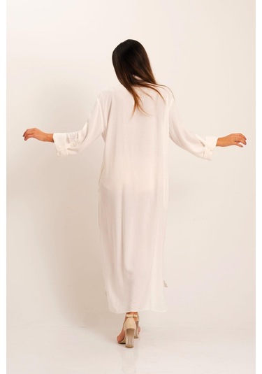 Kadın Beyaz Önü Pul Payet Aplike Nakışlı Kolu Apoletli Uzun Gömlek Elbise-beyaz Beyaz