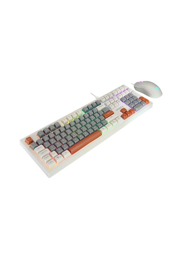 Everest Km-77 Runa Gri/krem/kahve Usb Rainbow Aydınlatmalı Sessiz Q Klavye + Mouse Set Optik