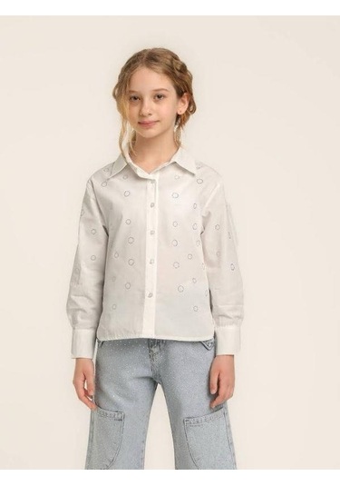 Kız Çocuk Pamuklu Uzun Kollu Taşlı Gömlek-15670 Beyaz