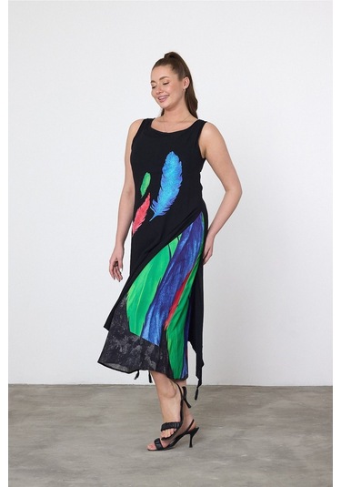 Schık Schık Kadın Yazlık Bol Kolsuz Rahat Baskılı Elbise Turkuaz