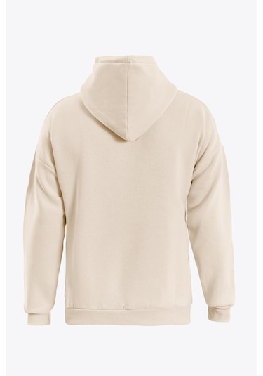 Unisex Theree Love Baskılı Kapüşonlu İçi Yumuşak Polarlı Oversize Sweatshirt - Bej Pembe