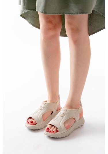 Aymood T-221 Bej Spring Paraşüt Kumaş Lastikli Ortopedik Kadın Sandalet Bej