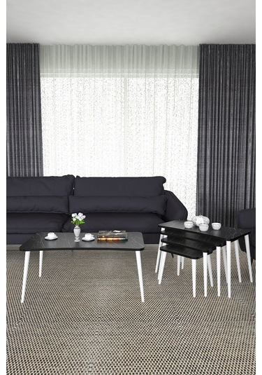 Alanur 5li Orta Sehpa Ve Zigon Sehpa Ahşap Ayaklı Çay Kahve Sehpası Xl Salon Seti Siyah Mermer