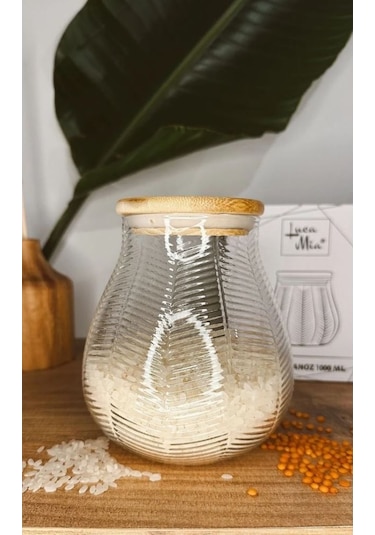 Luca Mia Bambu Kapaklı Çizgili Cam Kavanoz 1000 Ml 4 Adet 20.0045
