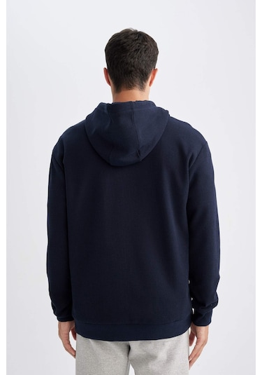 DeFacto Lacivert Relax Fit Kapüşonlu Waffle Baskılı Cepli Fermuarlı Sweatshirt D2629AX24AUNV71 Lacivert