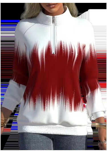 Sonbahar Ve Kış Kadın Ceket Kademeli Değişim Baskılı Yaka Fermuar Uzun Kollu Kış Tarzı Yarım Yüksek Yaka Hırka Ceket Kaban Kırmızı