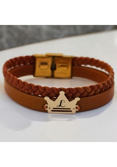 Archin L Harfine Özel 14 Ayar Altın Plakalı Kahverengi Derili Taç Motifli Hediye Bileklik-467harf L