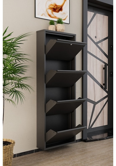 Kilitli 4 Kapaklı Metal Ayakkabılık Antrasit Antrasit