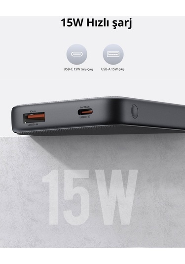 Aukey PB-Y46-GY 15 W 10000 mAh Hızlı Şarj Powerbank Siyah