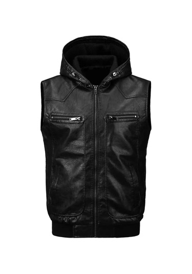 Kapüşonlu Triko Yaka Ve Triko Bel Hakiki Kuzu Derisi Yelek Siyah