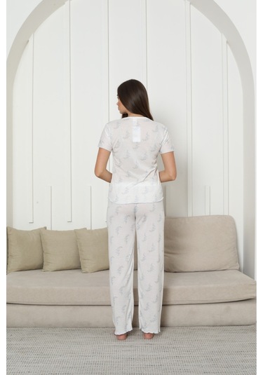 Kadın Örgü Kumaş Blue Flower Pattern Kısa Kol Pijama Takımı Mavi