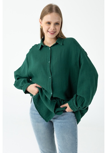 Giysa Kadın Uzun Kollu %100 Pamuklu Oversize Gömlek Yeşil - 26k 2012 Yeşil