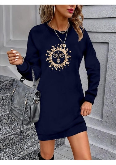 Kadın Uzun Kollu Bisiklet Yaka Güneş Desenli Viskon Iki Iplik Elbise Lacivert