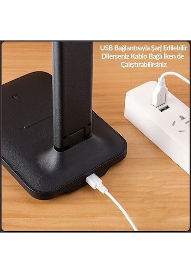 Şarjlı Masa Lambası 3 Renk Dokunmatik Telefon Standlı Kademeli Çalışma Okuma Işığı Lambası 9w Siyah Siyah