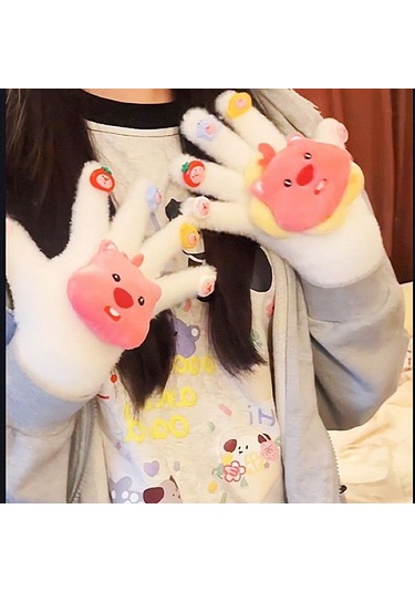 Cilt Bakımı İçin Hayvan Stili Kalınlaştırılmış Sıcak Peluş Parmak Eldivenleri, Süper Yumuşak, Güçlü Ve Soğuğa Dayanıklı