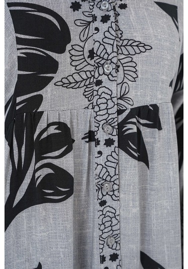 Gabria Ön Düğmeli Desenli Viskon Elbise Gri