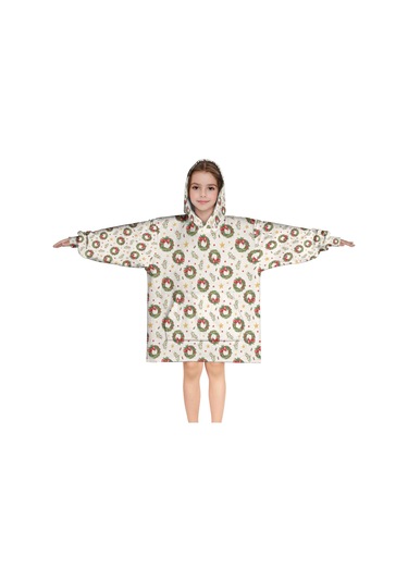 Noel Temalı 6-13 Yaş Çocuk Giyilebilir Battaniye Hoodie, Kalın Peluş, Büyük Boy-a118 Krem - Pembe