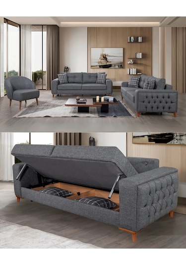 Nola Koltuk Takımı 3 3 1 & Bazalı Yataklı Koltuk & Kanepe - Antrasit Keten Kumaş 3+3+1
