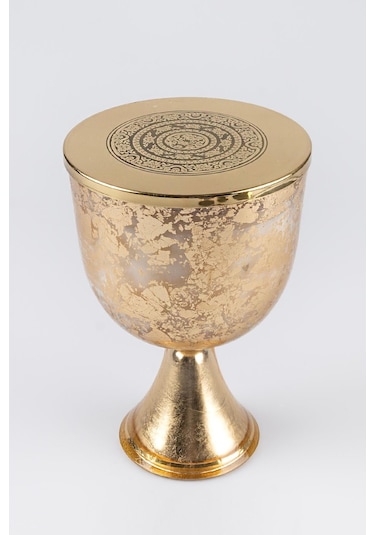 Altın Varak Eskitme Ayaklı Cam Mumluk Kokusuz Mum Logo Kapaklı Büyük 24.5x15 Cm