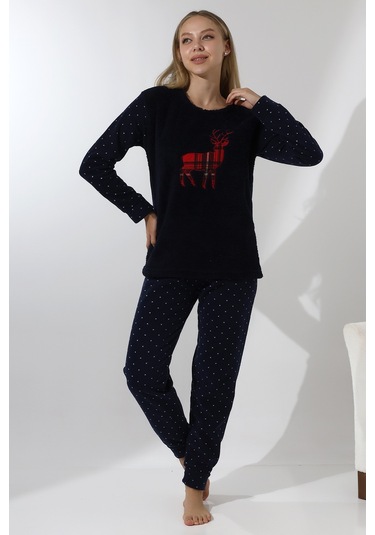 Fawn 5016 Peluş Welsoft Polar Kışlık Yumoş Geyikli Kadın Pijama Takımı-lacivert Lacivert