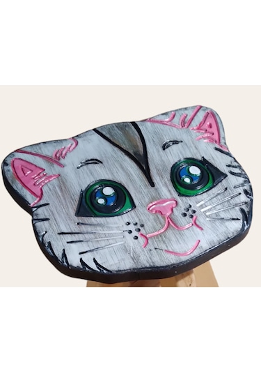 Sevimli Kedim Tamamı Ahşap El Yapımı Çocuk Taburesi