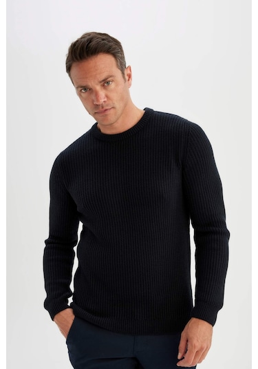 Defacto Standart Fit Normal Kesim Bisiklet Yaka Dokulu Triko Kazak C8814AX24WNNV64 Lacivert