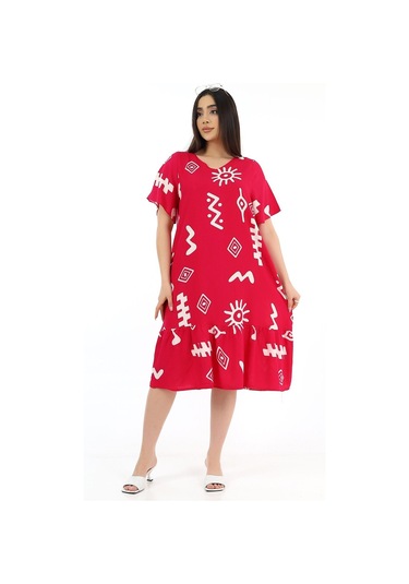 Kadın Viskon Yarım Kol V Yaka Cepli Fırfırlı Elbise Kırmızı Kırmızı