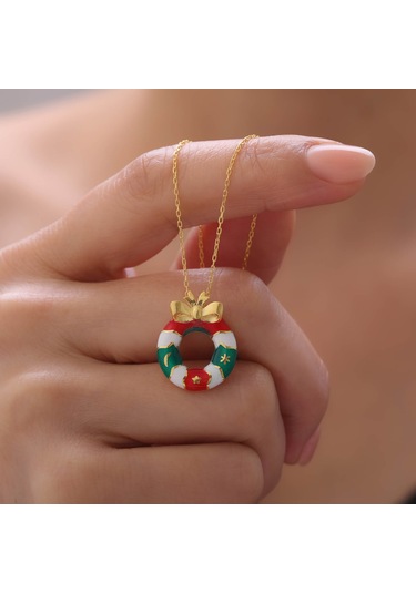 925 Ayar Gümüş Mineli Yılbaşı Kapı Dekorasyonu Ve Kurdele Kolye Gold