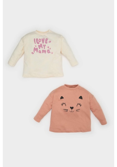 DeFacto Kız Bebek Yenidoğan Bisiklet Yaka Baskılı Penye 2'li Uzun Kollu Tişört E6362A525SPER233 Ekru