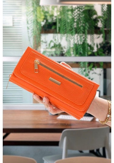 Kadın Turuncu Kağıt Para Ve Kartlık Bölmeli Turuncu Cüzdan Fermuar Detaylı Turuncu