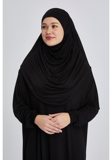 Pratik Başörtülü Rahat Giyilebilen Organik Tek Parça Namaz Elbisesi Siyah