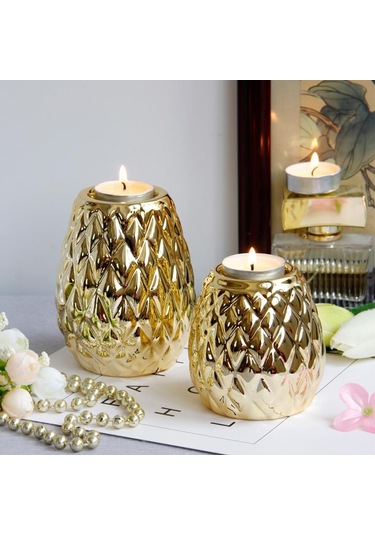 Suntek Seramik Mumluk Ananas Şekilli Mumluk Süs Altın S