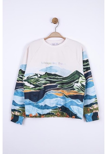 Kız Çocuk Tasarım Camping Sweatshirt-13357-krem Yeşil Krem - Yeşil