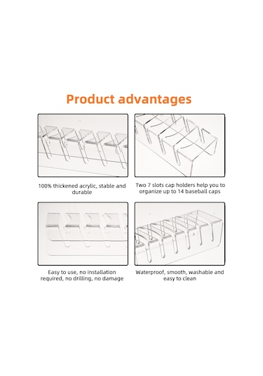 Konesam Akrilik Şapka Depolama Rafı - 7 Adet Şapka Beyzbol, Düz Taban, Koyu, Sürücü Saklar - Odalar, Dolaplar, Mağazalar İçin - Şeffaf 2'li Paket Diğer