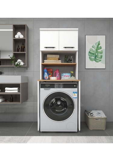 Enda Home Çamaşır Makinesi Dolabı 2 Kapaklı Banyo Dolabı Çam Atlantik Çam - Beyaz