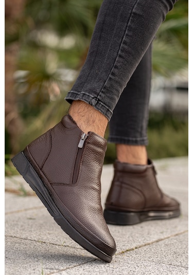 Garantili D472 Su Ve Soğuk Geçirmez Kürklü Ortopedik Hakiki Deri Erkek Bot Kahverengi