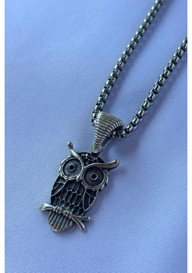 Baykuş El İşçiliği Paslanmaz Çelik Zincir Erkek Kolye Gümüş