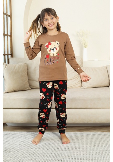 Kız Çocuk Ayıcık Baskılı %100 Pamuk İnterlok Kumaş Pijama Takımı 12347 Kahverengi
