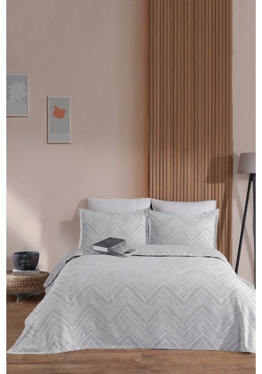 Elart Petra Keten Görünümlü Yatak Örtüsü Seti 3 Parça Çift Kişilik Gri