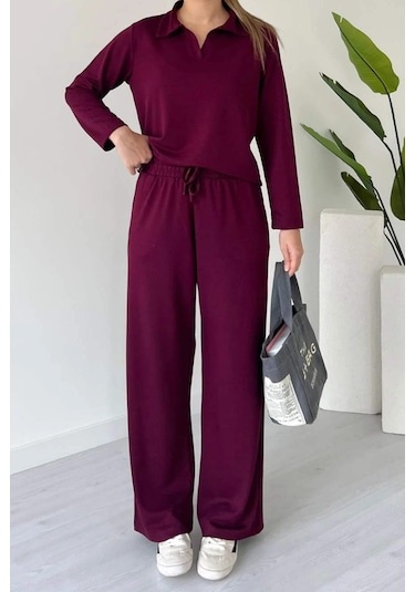Balenbi Kadın Modal Kumaş Polo Yaka Uzun Kollu Takım 1126 Bordo