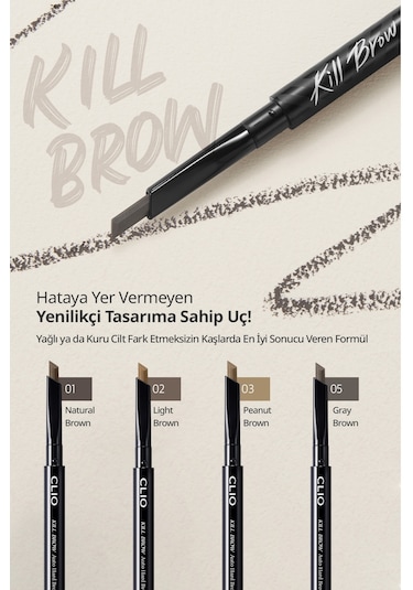 İnce Altıgen Uçlu Kaş Kalemi Clio Kill Brow Auto Hard Brow Pencil 05 Gray Brown
