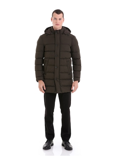 Hatemoğlu Haki Slim Fit Hakim Yaka Kapüşonlu Kaban Haki