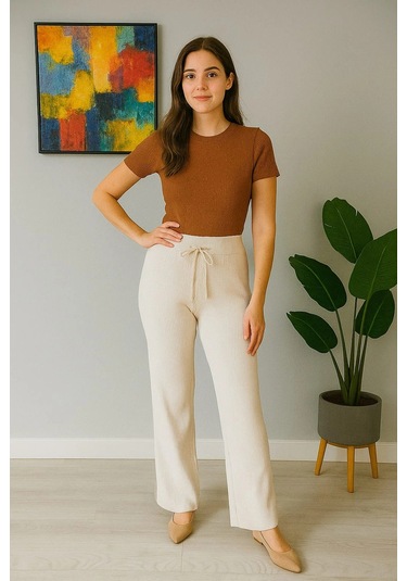 Kadın Yüksek Bel Triko Pantolon Beyaz